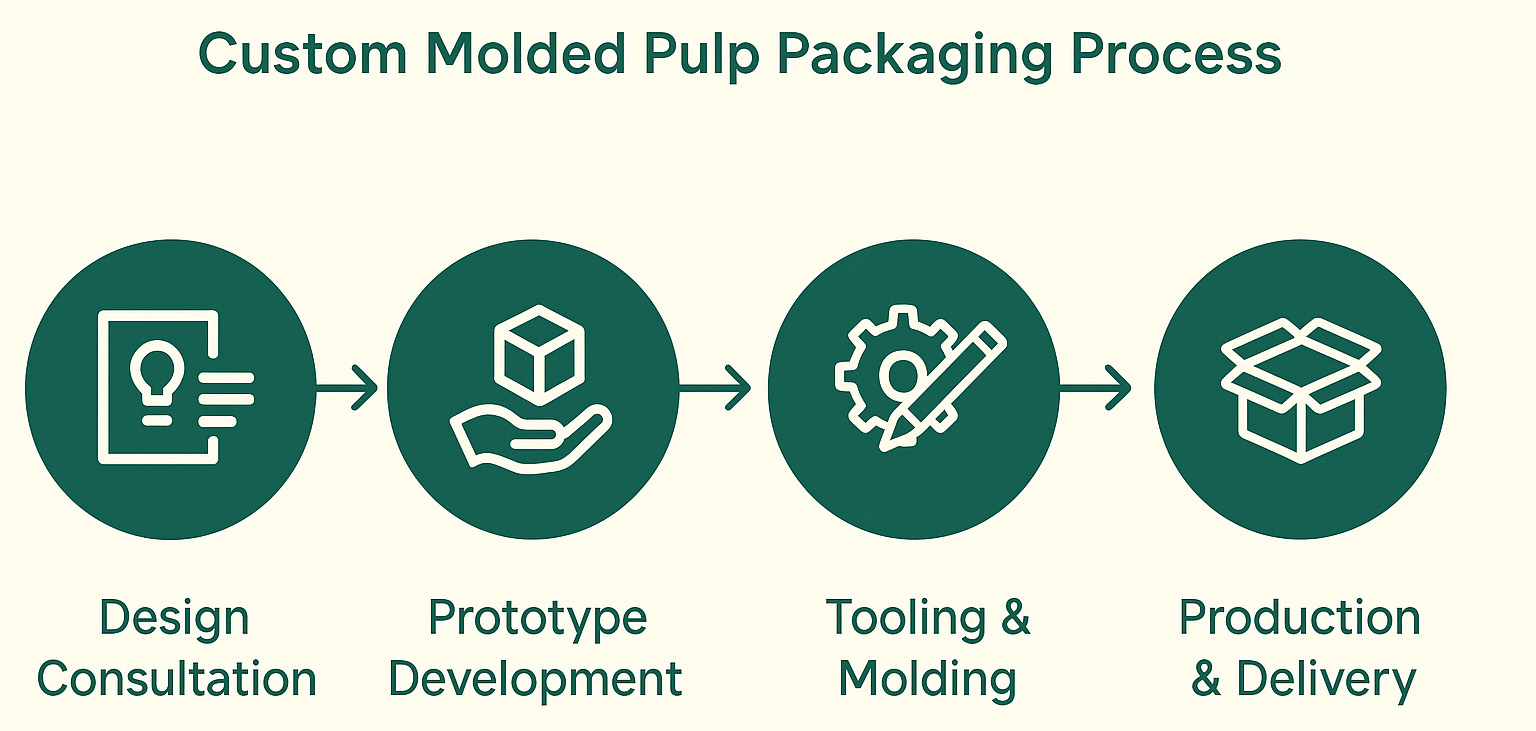Comprehensive diagram showing the molded pulp packaging manufacturing process from design to production