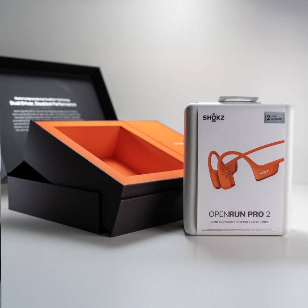 Complete packaging solution showing eco-friendly box with OpenRun Pro 2