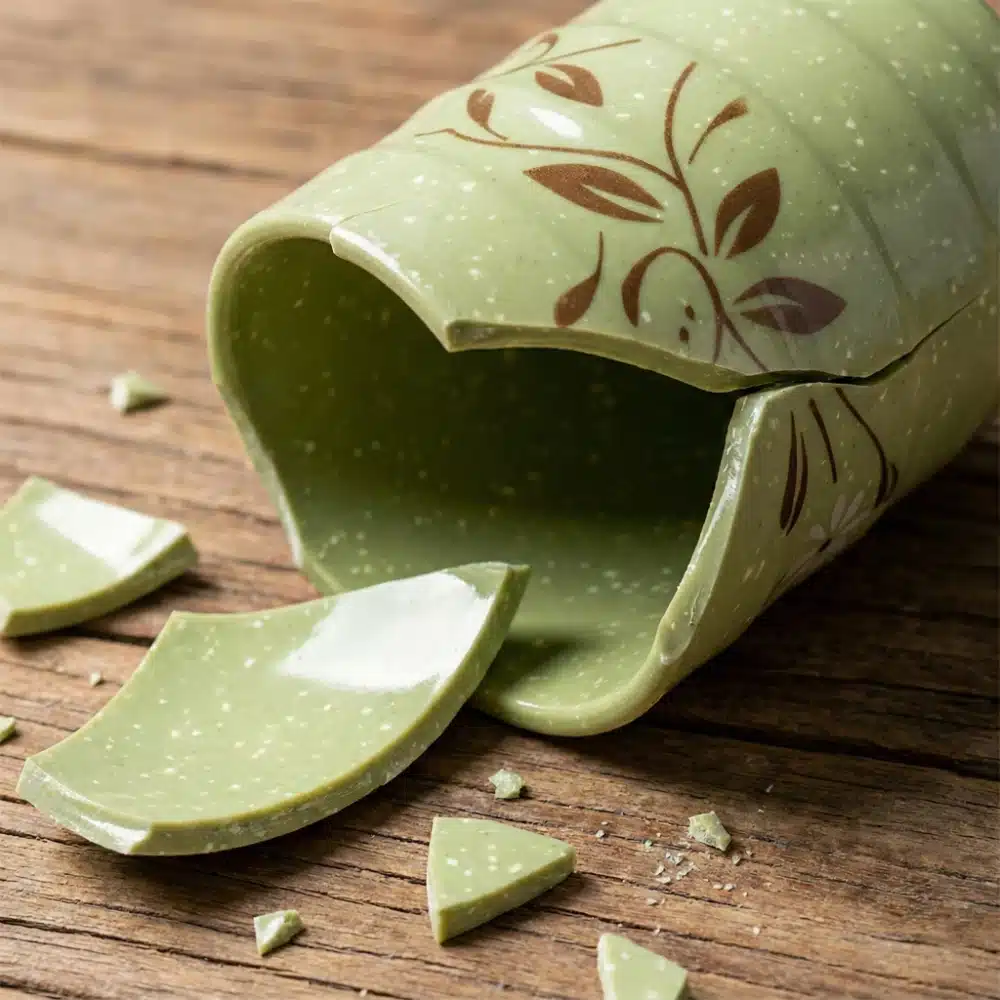 Broken bamboo-melamine cup revealing plastic nature