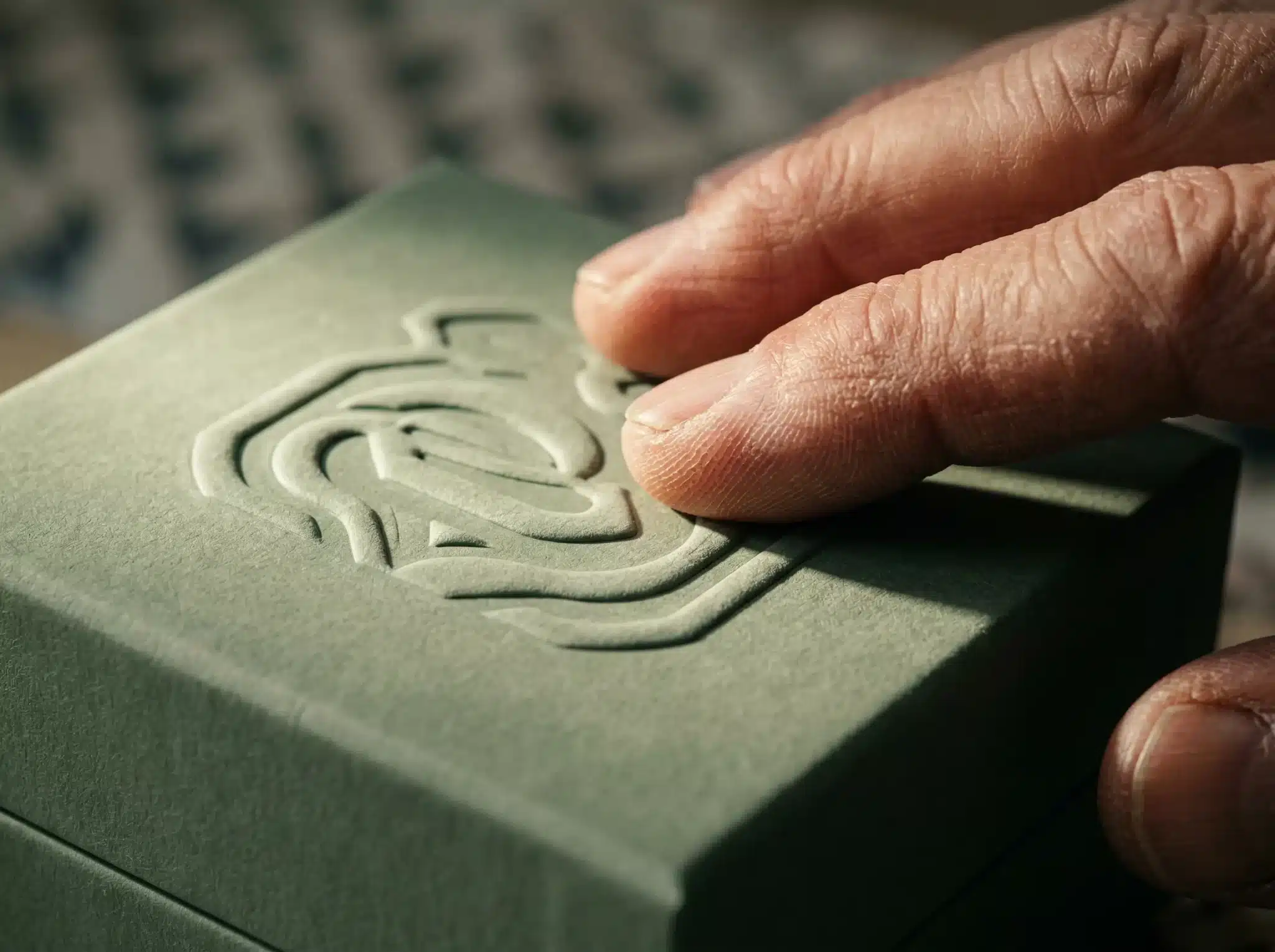 Macro shot of a tactile blind-embossed logo on a matte luxury paper box for wayfinding guidance.