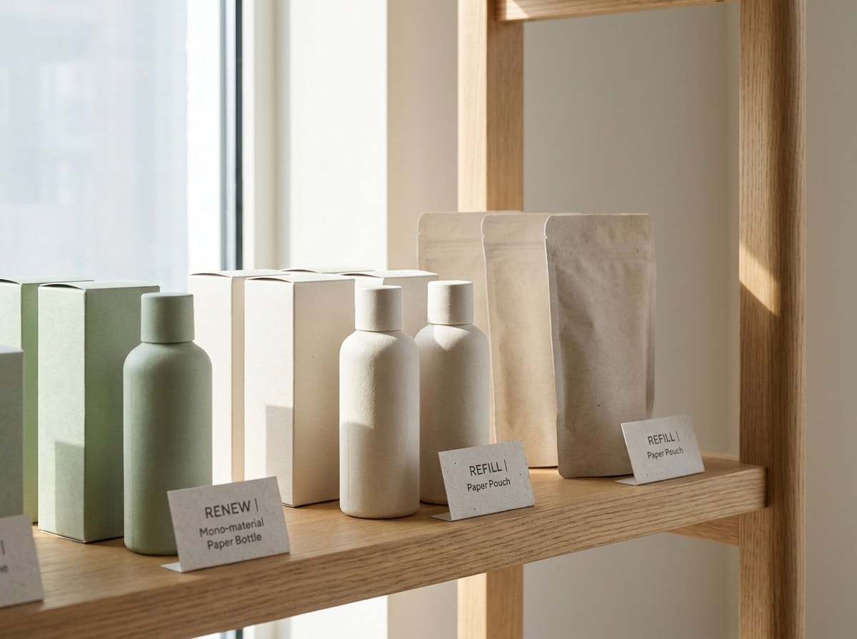 Mono-material minimalism eco packaging on a retail shelf with clean recyclable packaging design