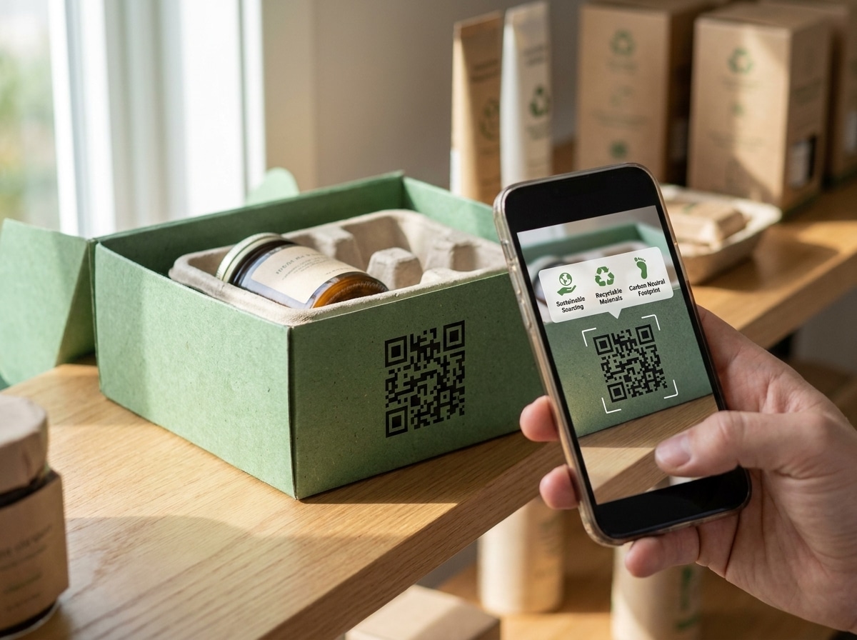 Eco packaging with QR code transparency and packaging passport concept on a retail shelf