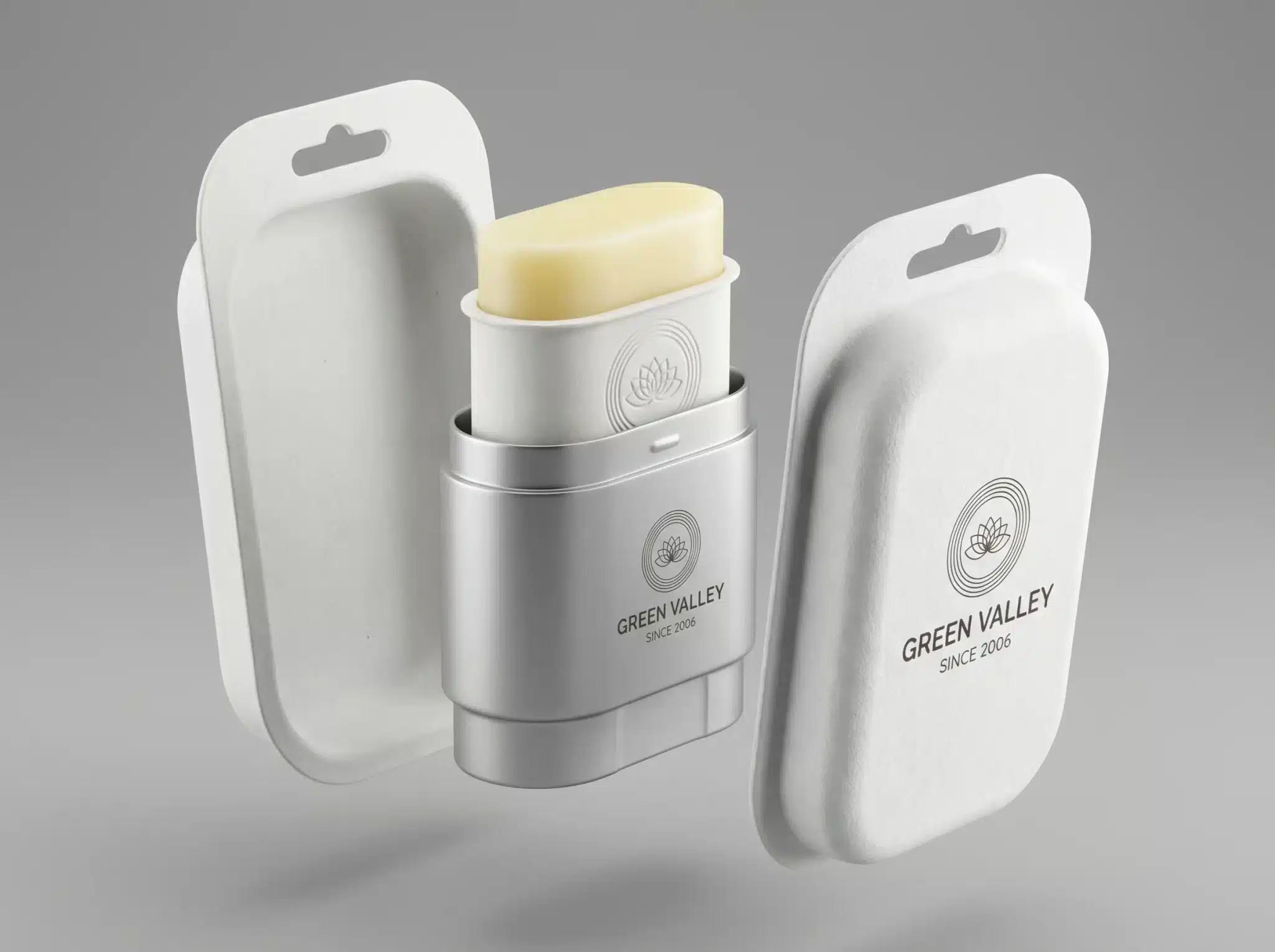 Refillable and reusable deodorant packaging with molded fiber and aluminum packaging components
