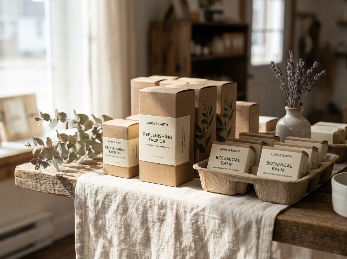 Low-ink natural aesthetics packaging with kraft paper boxes molded pulp trays and minimal printing