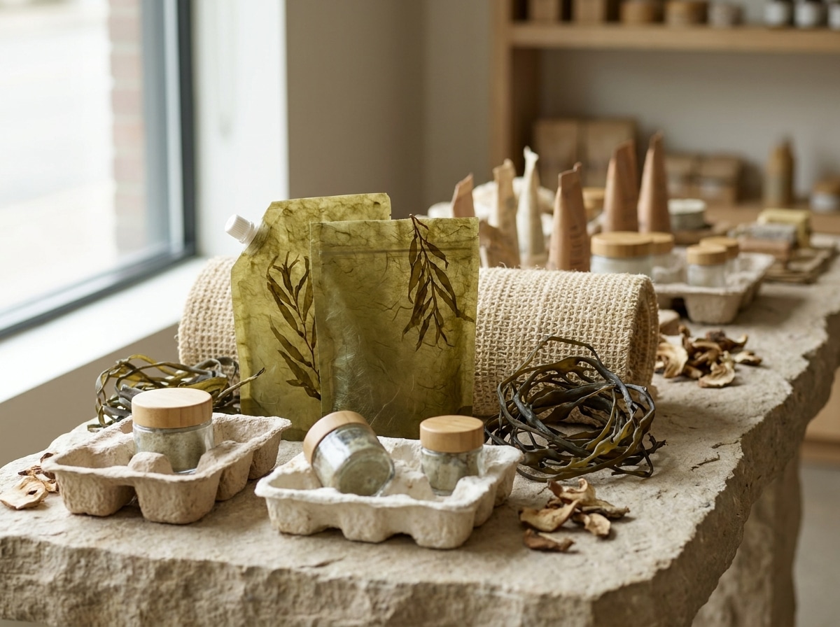 Mushroom and seaweed based eco packaging materials displayed in a natural commercial photography scene