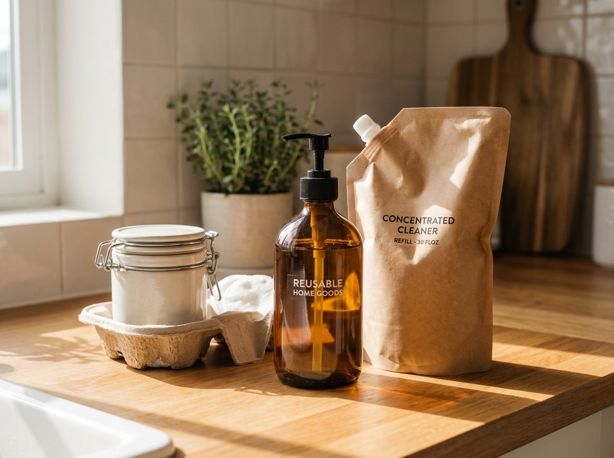 Refill and reuse packaging system with reusable bottles refill pouches and sustainable packaging materials