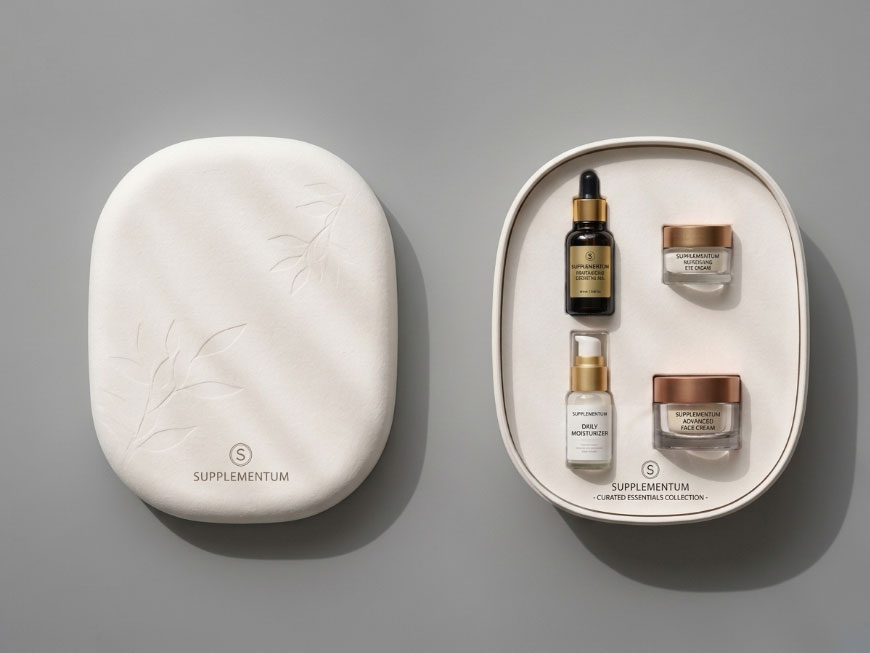 Molded pulp skincare and supplement gift set packaging