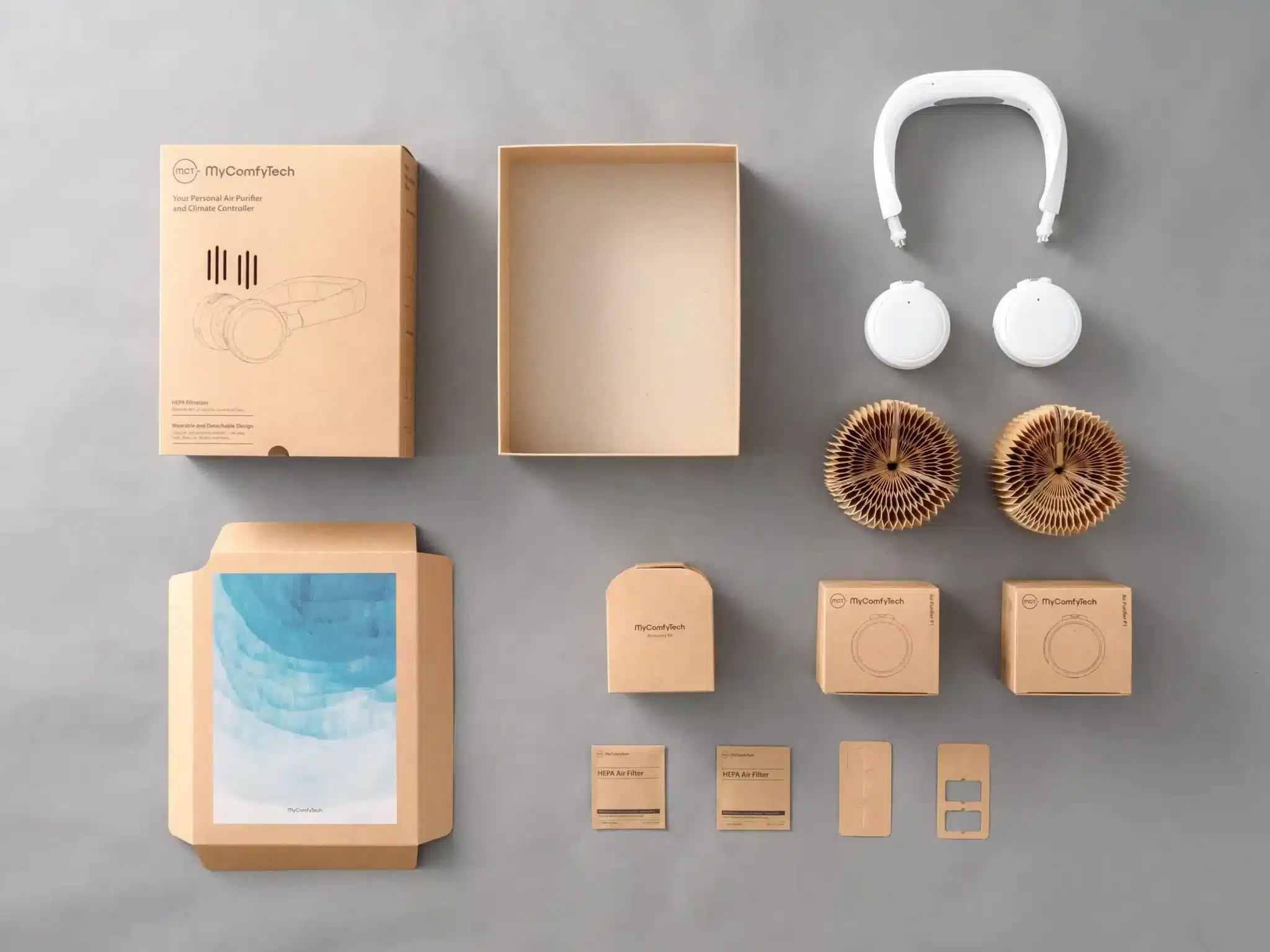 EHT Headset Air Purifier packaging converted into product stands