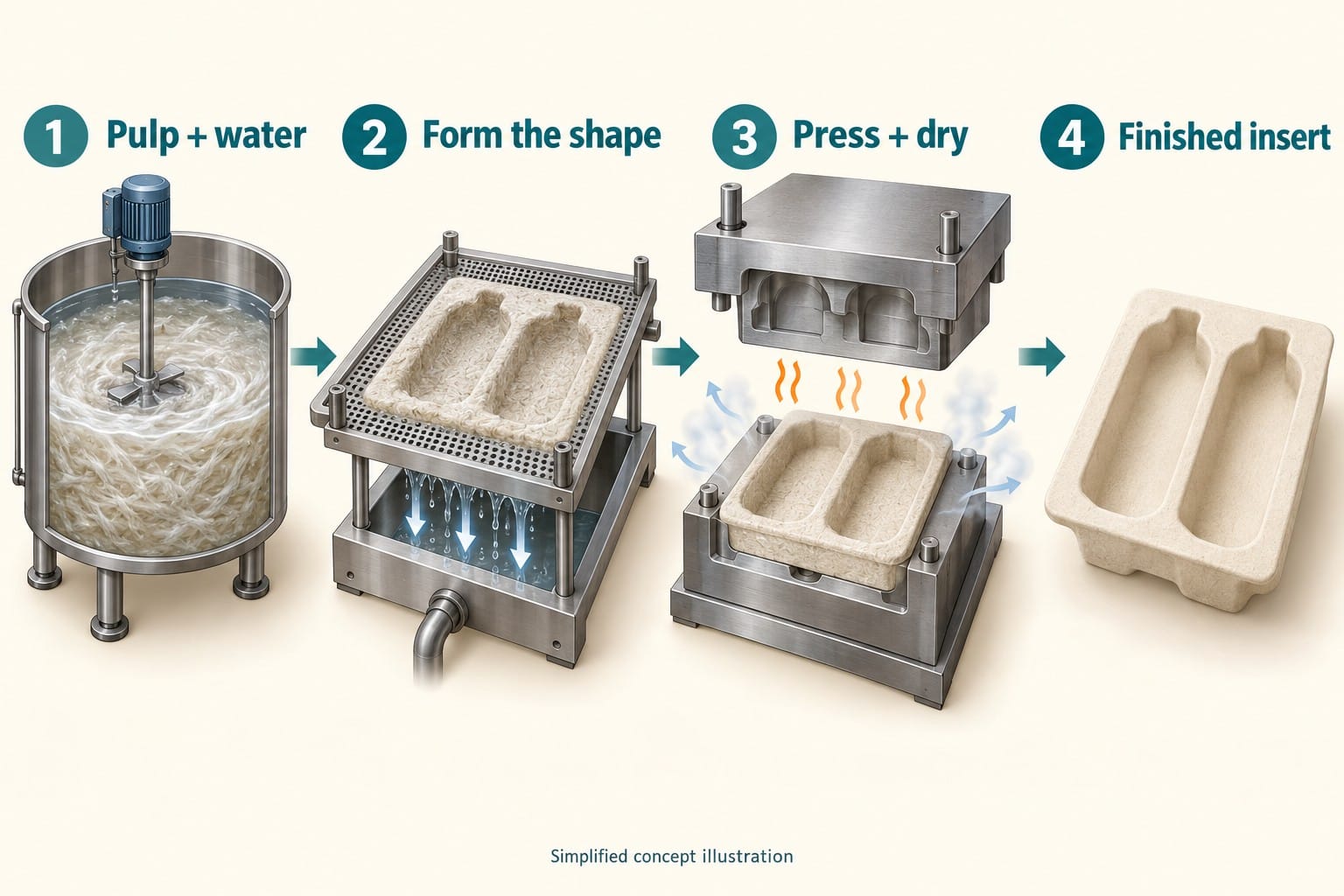 Simplified four-stage illustration showing pulp and water, forming, heated pressing and drying, and a finished fiber insert