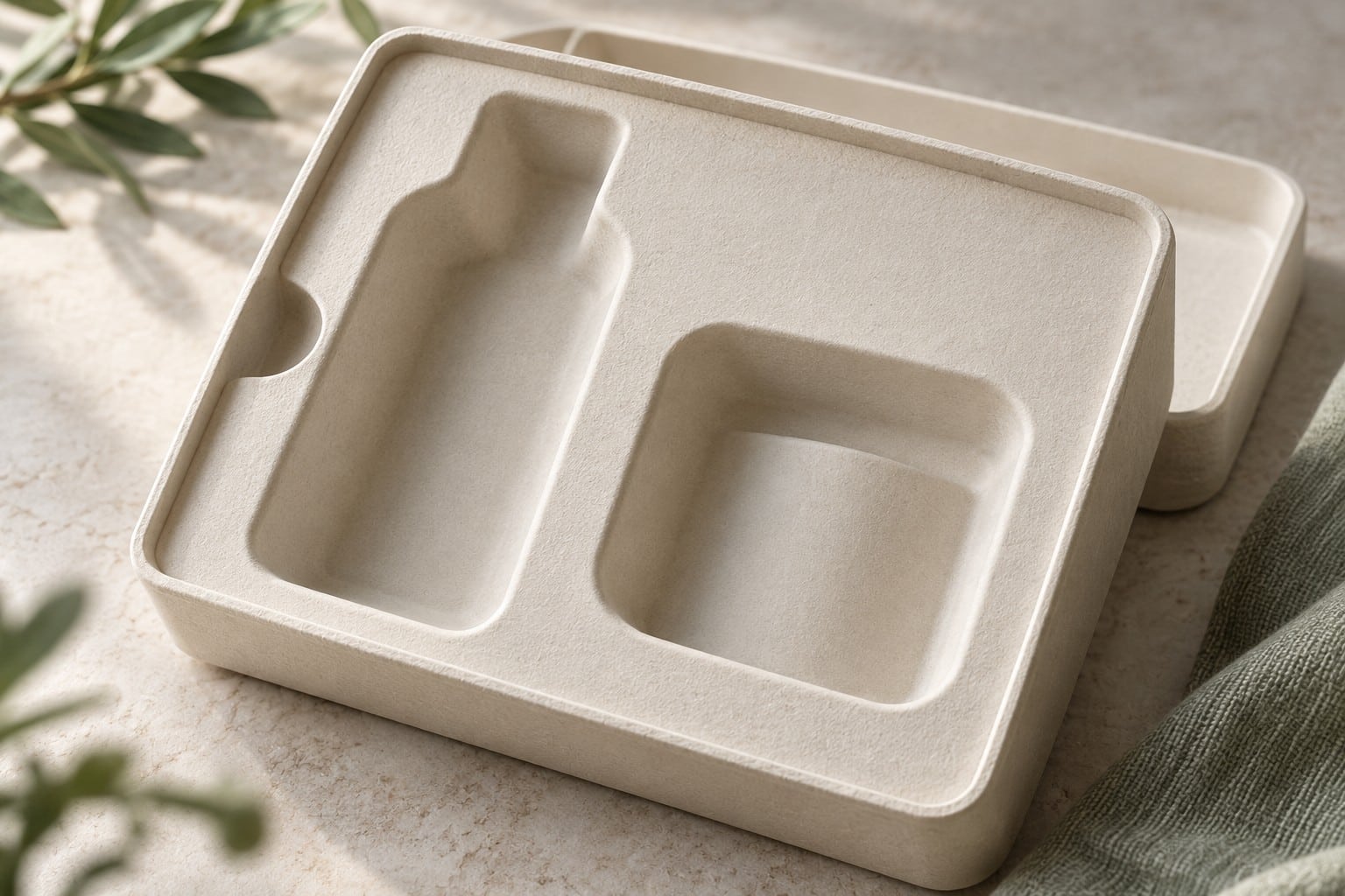 Concept close-up of an empty ivory molded fiber insert with rounded cavities, sloped walls and finger access