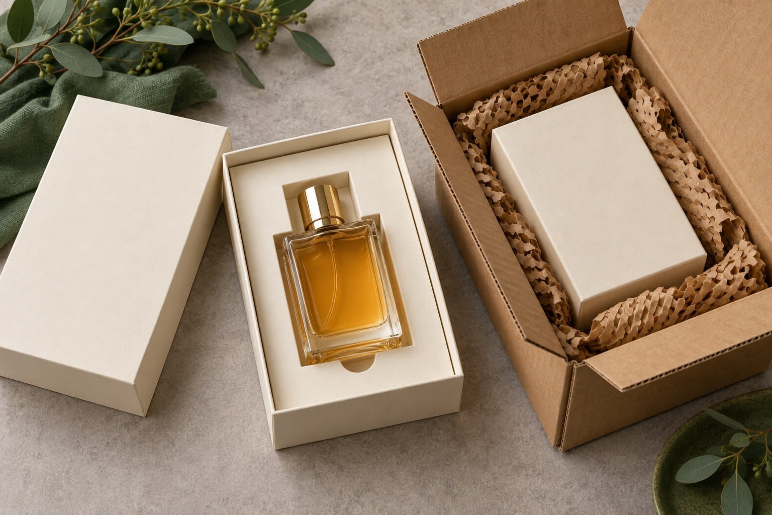Perfume bottle in a fitted paperboard insert beside a lid and a corrugated shipping carton