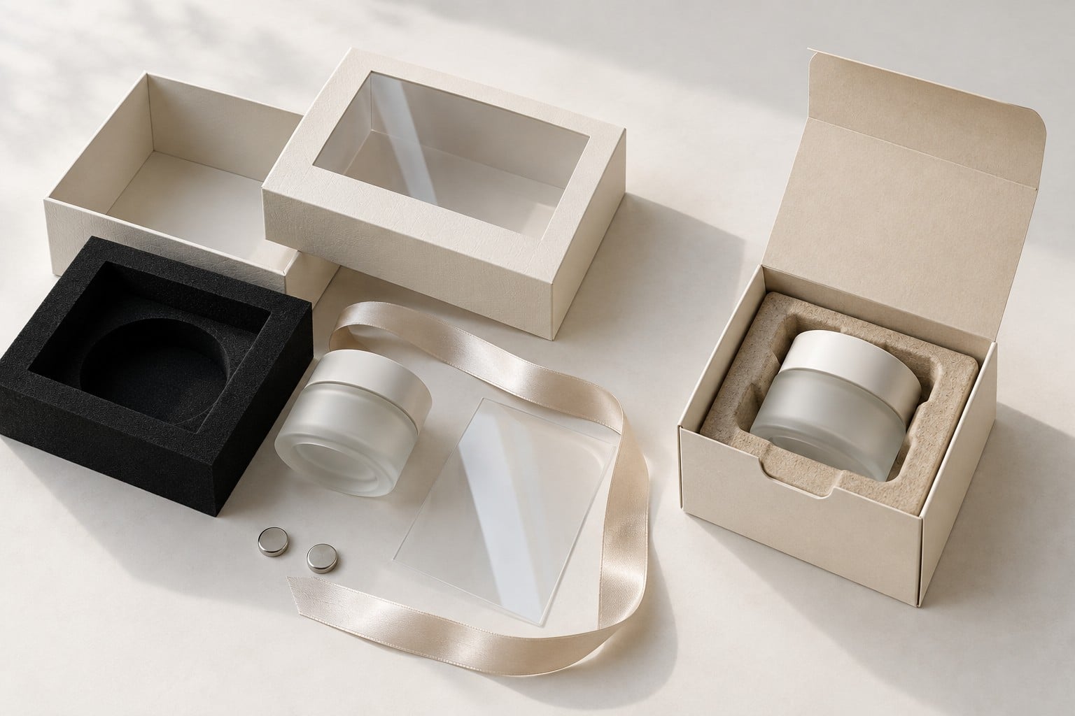 Paper gift packaging with foam, ribbon, plastic and magnets beside a simpler box with a molded fibre insert