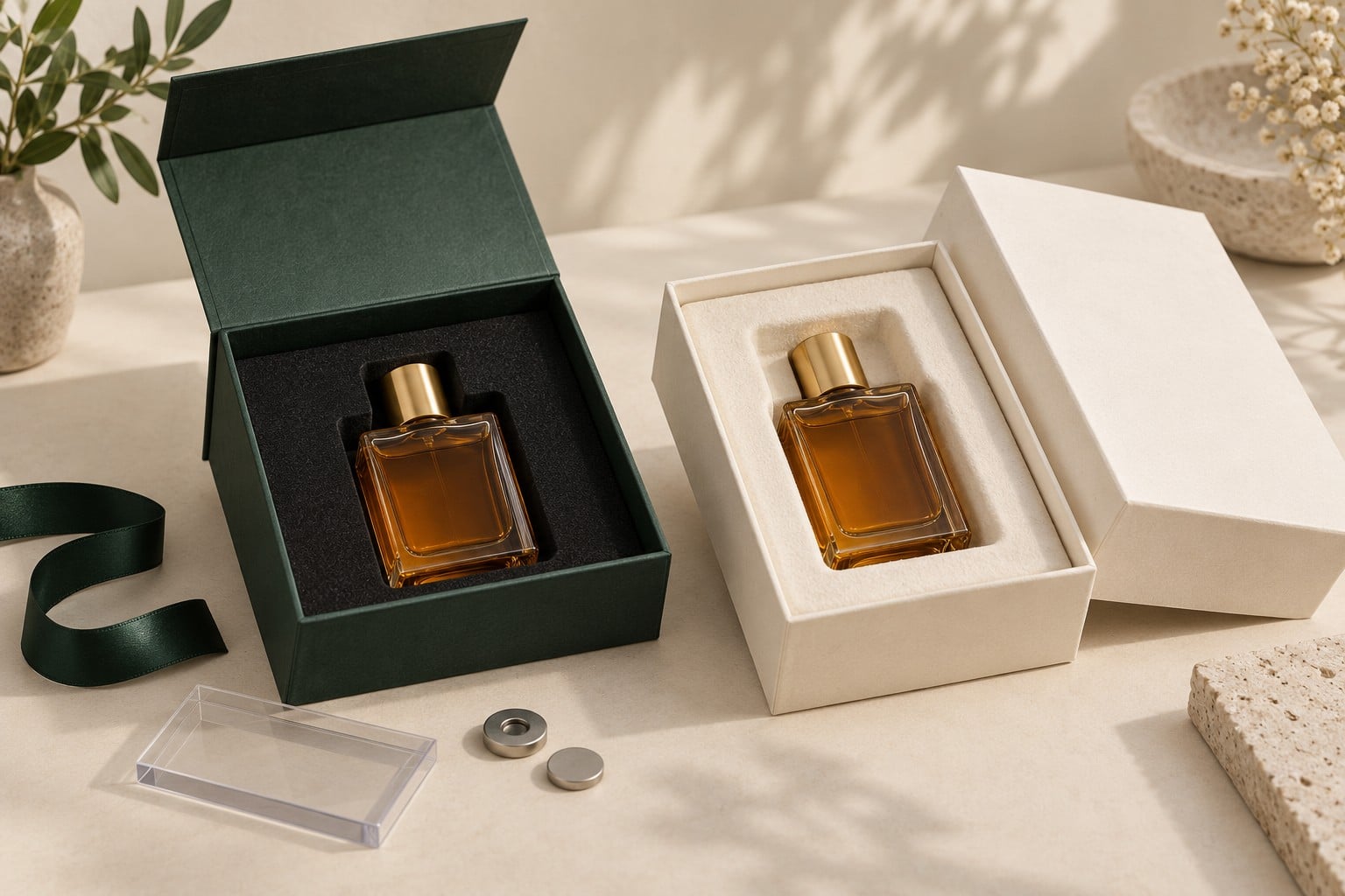 Two perfume packaging concepts comparing a foam insert and decorative components with a simpler molded fiber insert