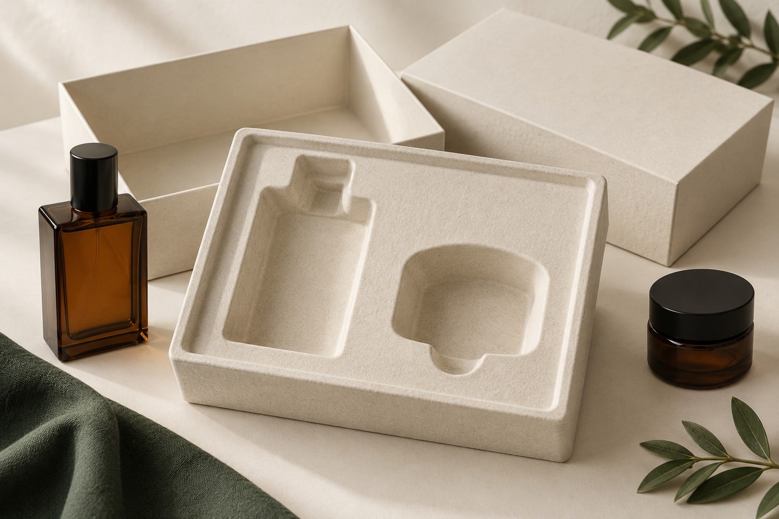 Ivory molded fiber insert with rounded cavities and finger access beside an amber bottle and paper gift box